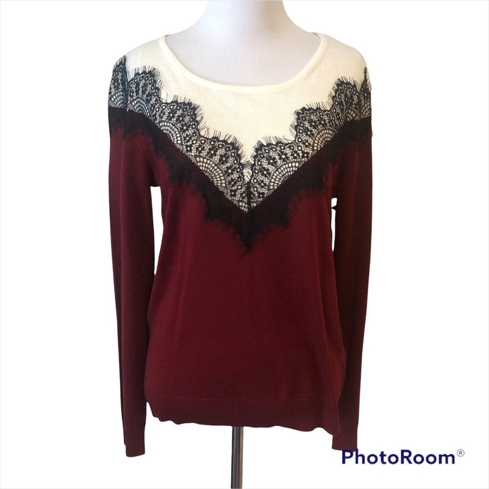 Vince Camuto Maroon and Ivory Sweater with Black Lace Accent